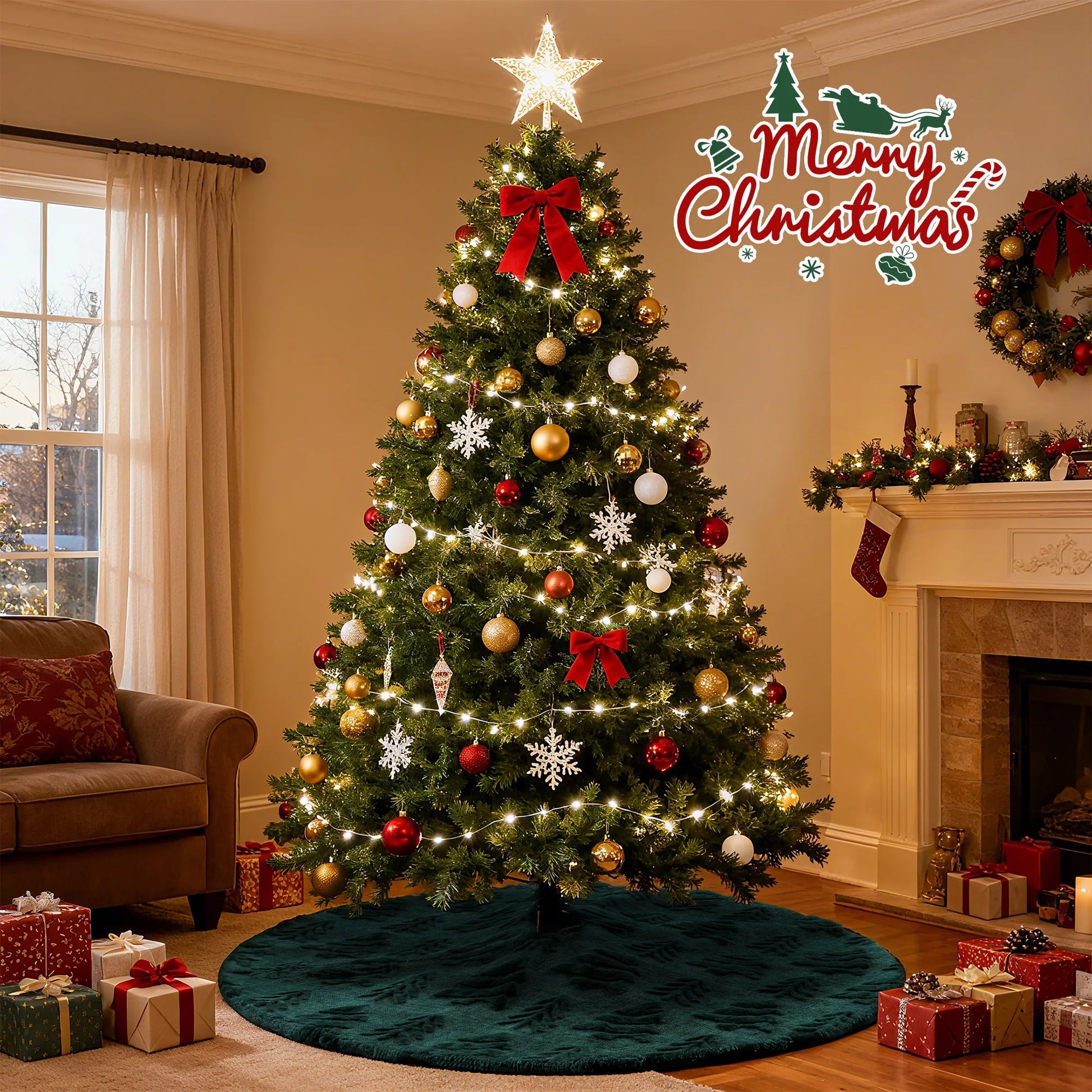 Christmas Tree Skirt Green Plush Skirts Christmas Decorations Indoor Xmas Ornaments Holiday Decor for Party, 36In