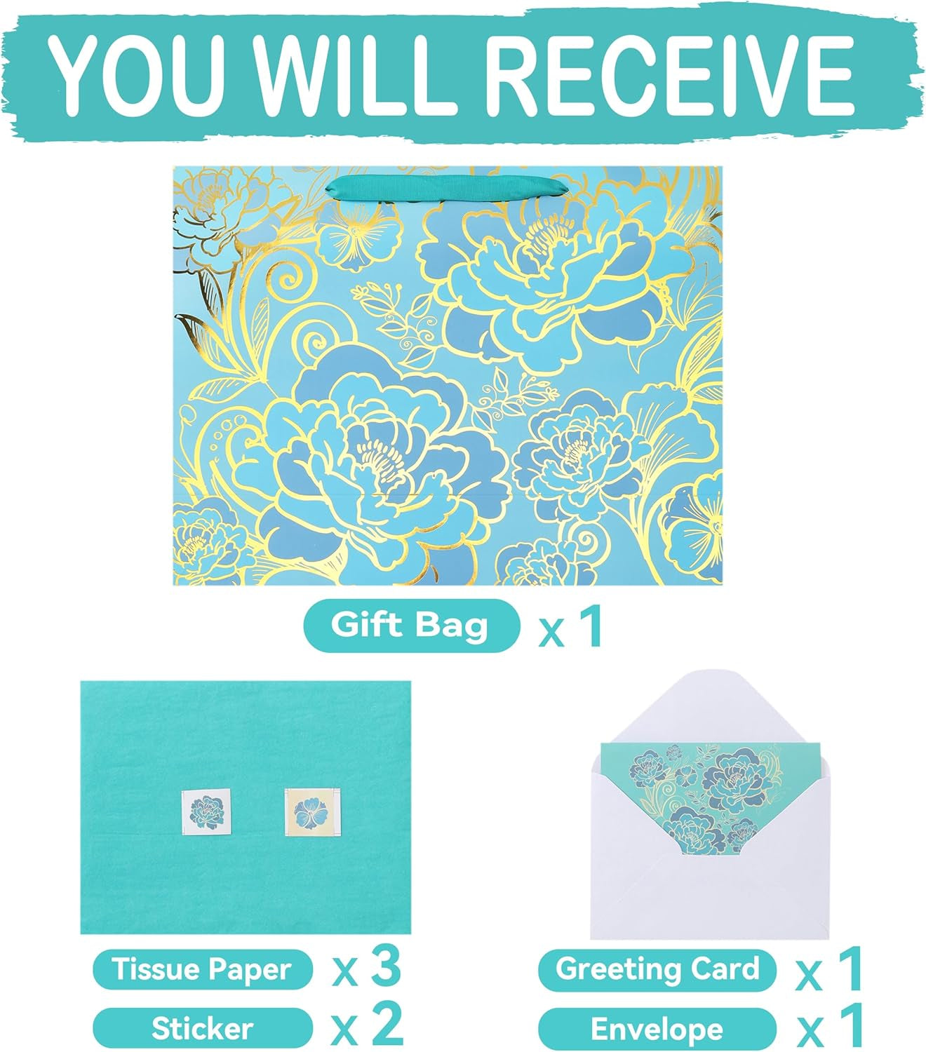 16.5” Extra Large Rose Green Gift Bag Set with Handles, Greeting Card, Tissue Pa