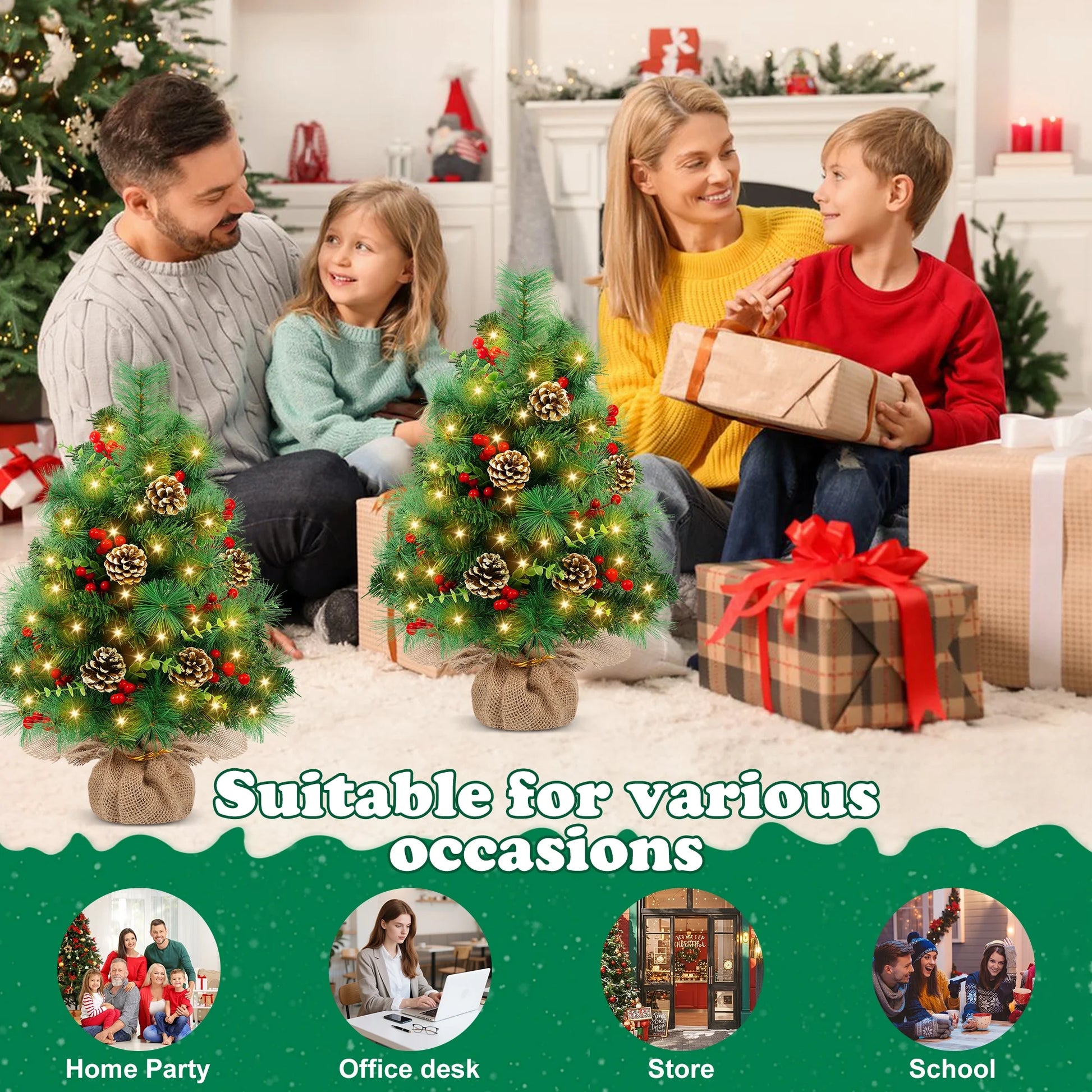 2PCS Pre-Lit Artificial Mini Christmas Tree,30 Inch Small Tabletop Xmas Tree for Indoor Outdoor Christmas Decor