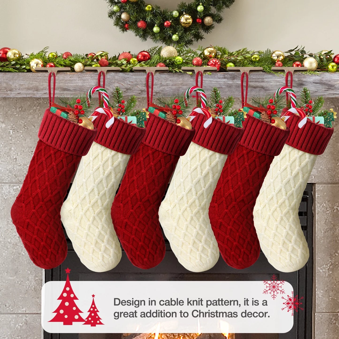 6Pcs Christmas Stockings, Large Xmas Stockings Double-Sided 18 Inches Fireplace Stockings for Family Christmas Decorations (Red,White)