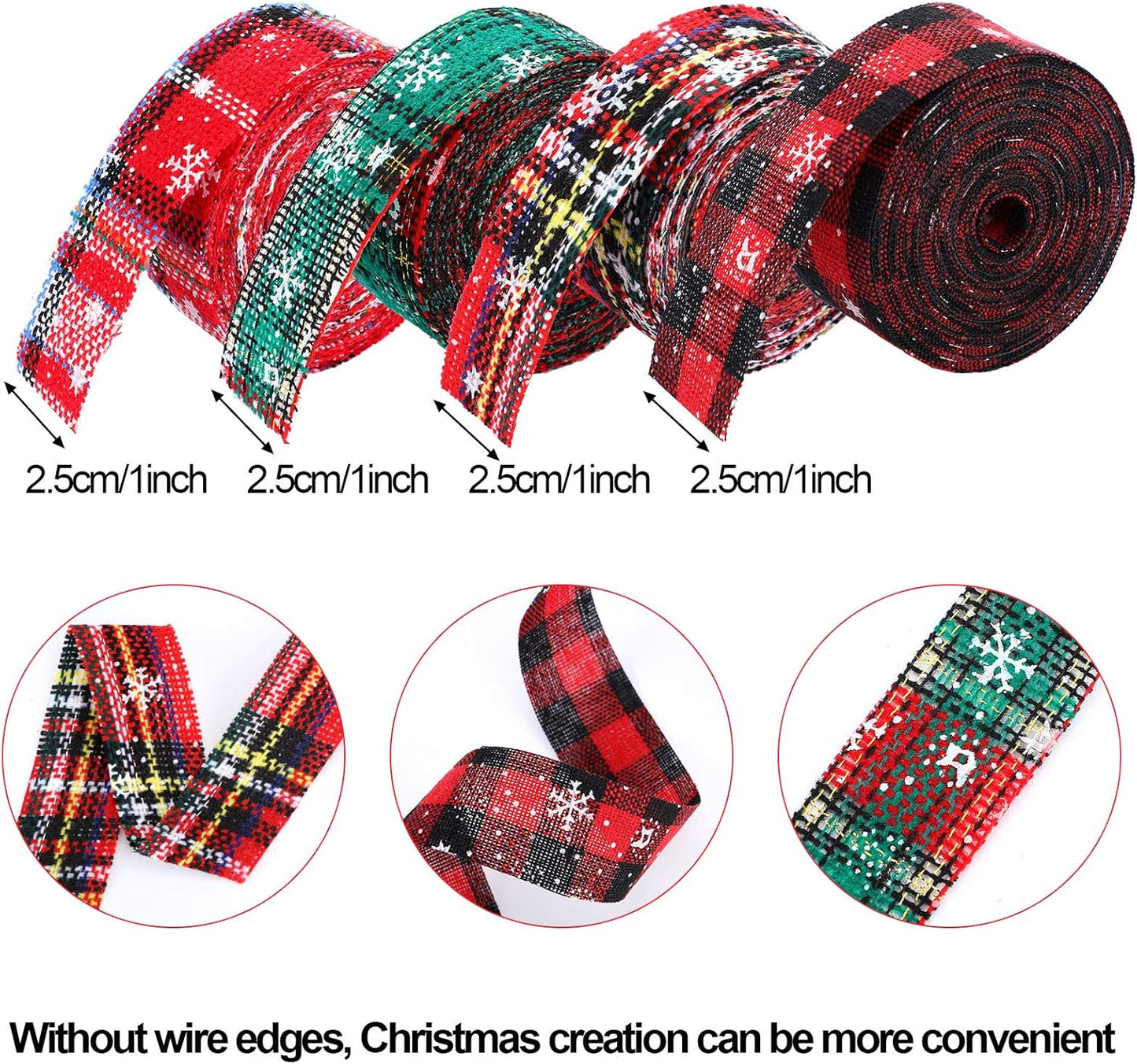4 Rolls Christmas Plaid Ribbon 24 Yards Snowflake Ribbon Red and Green Plaid Burlap Xmas Decorative Wrapping for Holiday Crafts DIY Wreath Bow Xmas Tree Bow Gift Decor(1 Inch)