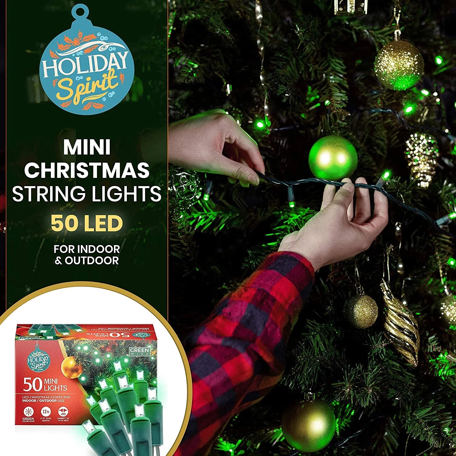 50 LED Mini Christmas String Lights 120V UL588 (50, Green)