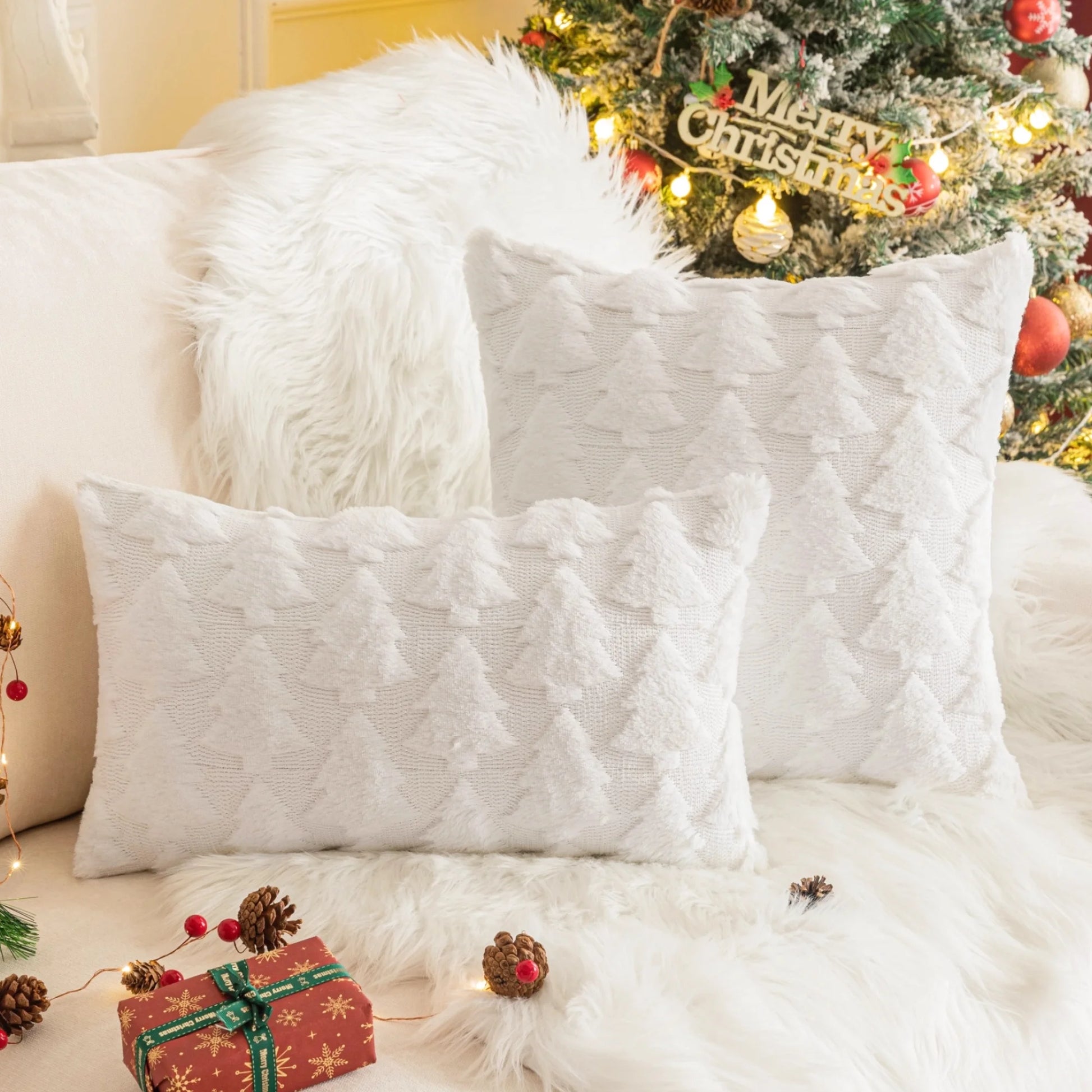 Set of 2 Christmas Tree Throw Pillow Covers, Soft Faux Fur Decorative Xmas Throw Pillows for Couch Sofa Holiday Winter Decor