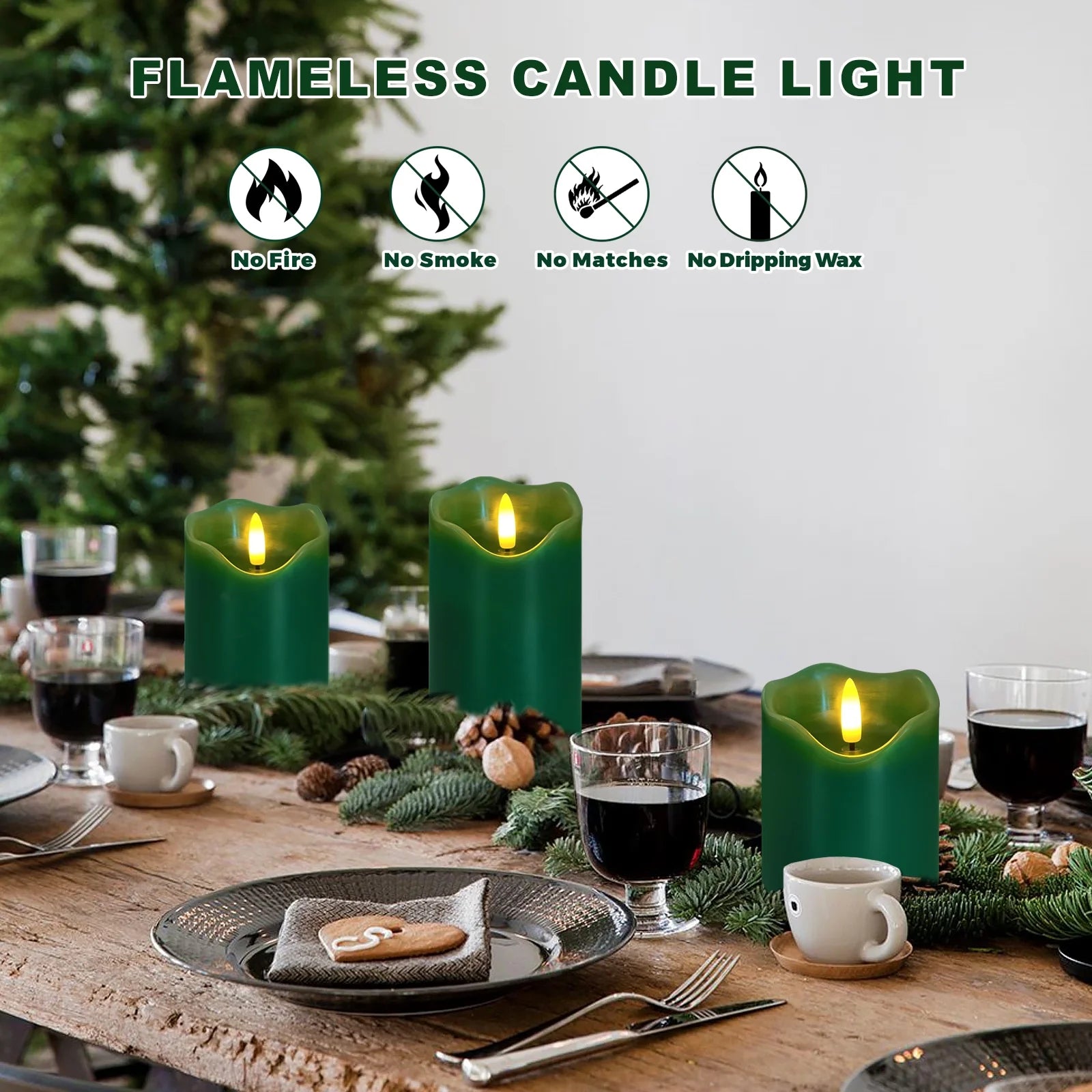 Flameless Candles Lights, Set of 3 Green Flickering LED Candles with Remote & Timer, Dimmable LED Pillar Candles Battery Operated, Electric Candles for Halloween Thanksgiving Christmas Decor