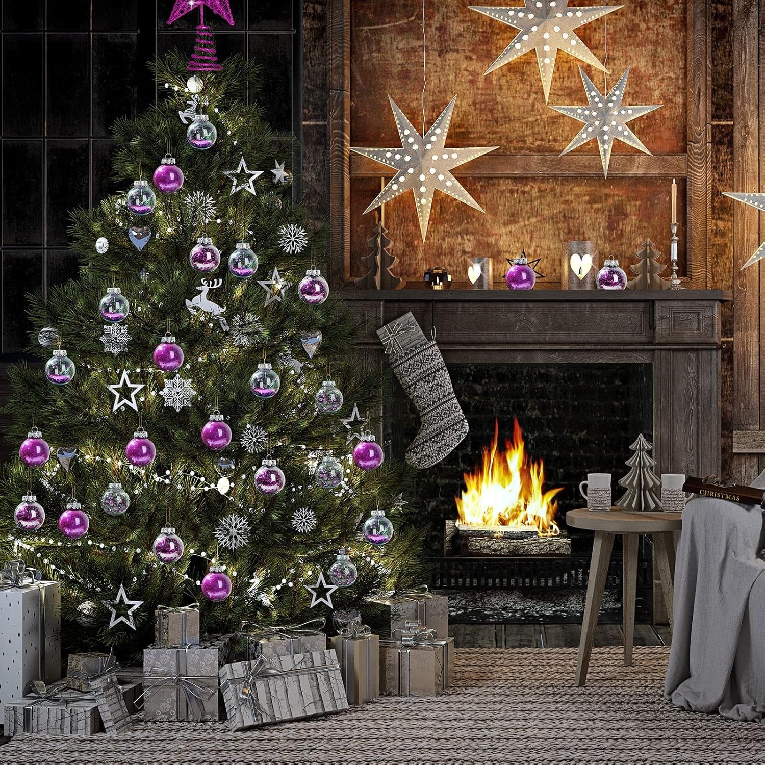 25 Pcs Christmas Ball Ornaments with Star Tree Topper Christmas Tree Decorations with 24 Pcs 2.36 Inch Plastic Ball Ornaments 1 Pack 5.91 Inch Xmas Star Treetop for Home Party(Purple)