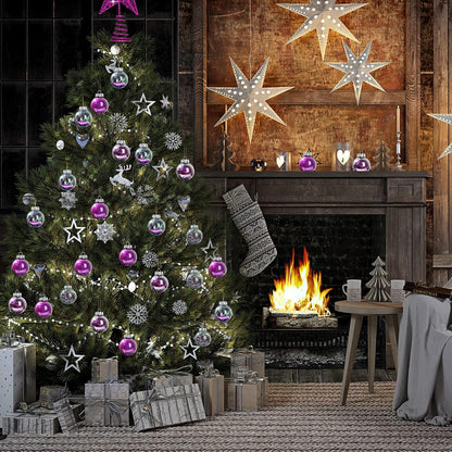 25 Pcs Christmas Ball Ornaments with Star Tree Topper Christmas Tree Decorations with 24 Pcs 2.36 Inch Plastic Ball Ornaments 1 Pack 5.91 Inch Xmas Star Treetop for Home Party(Purple)