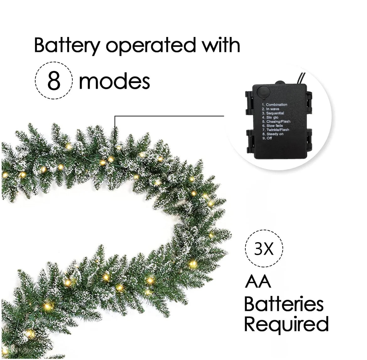 18Ft Christmas Garland with Battery Operated 50 LED Lights and Timer Snow Flocked Christmas Decorations Xmas Garland for Stairs Fireplaces Wall Door Xmas Garland