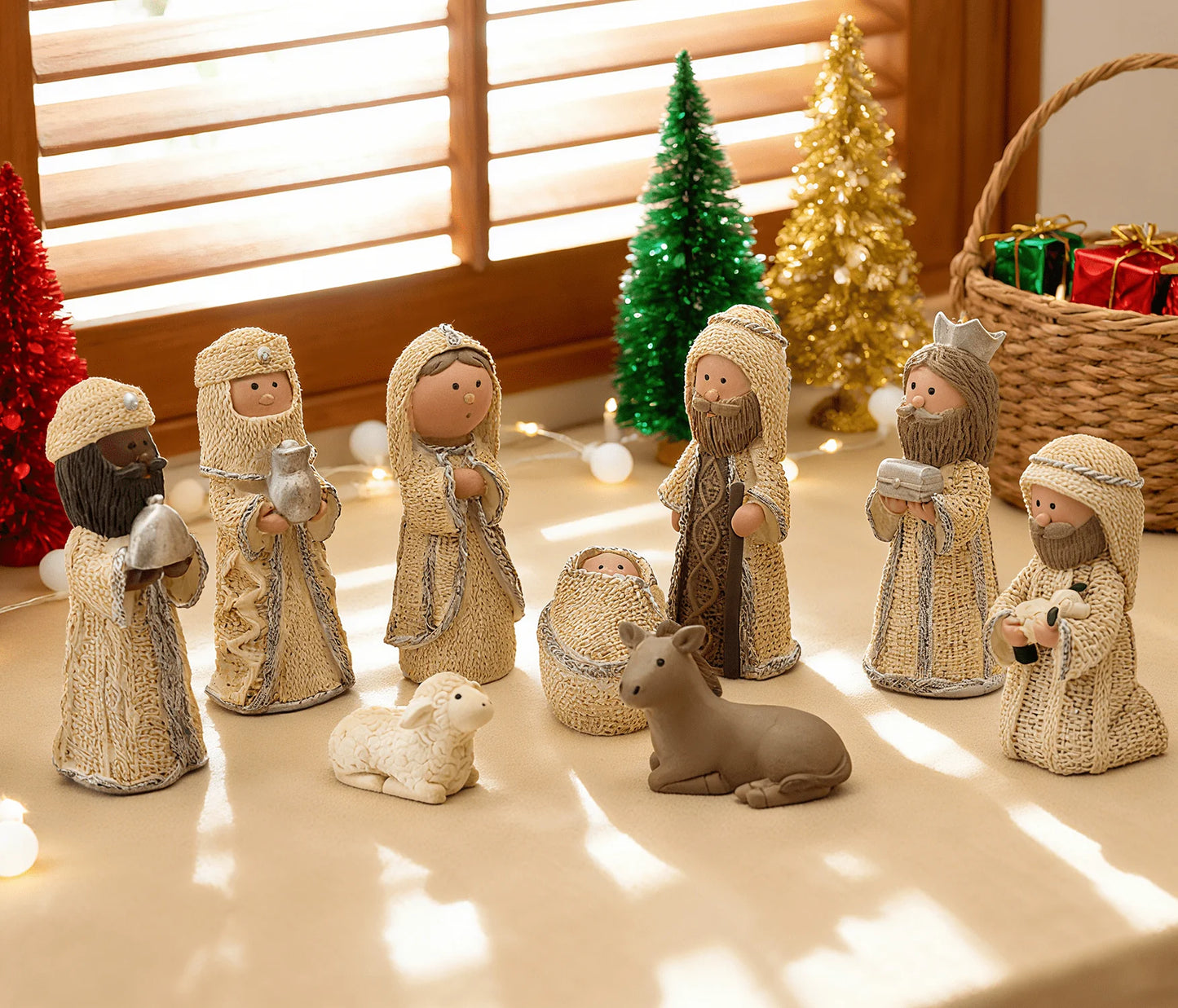 Nativity Knit Set Indoor - 9 Pcs Holy Family Figurines Baby Jesus with Manger, Religious Nativity Figurines Xmas Cable Nativity Scene for Tabletop Props Home Living Room Decor