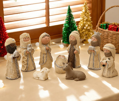 Nativity Knit Set Indoor - 9 Pcs Holy Family Figurines Baby Jesus with Manger, Religious Nativity Figurines Xmas Cable Nativity Scene for Tabletop Props Home Living Room Decor
