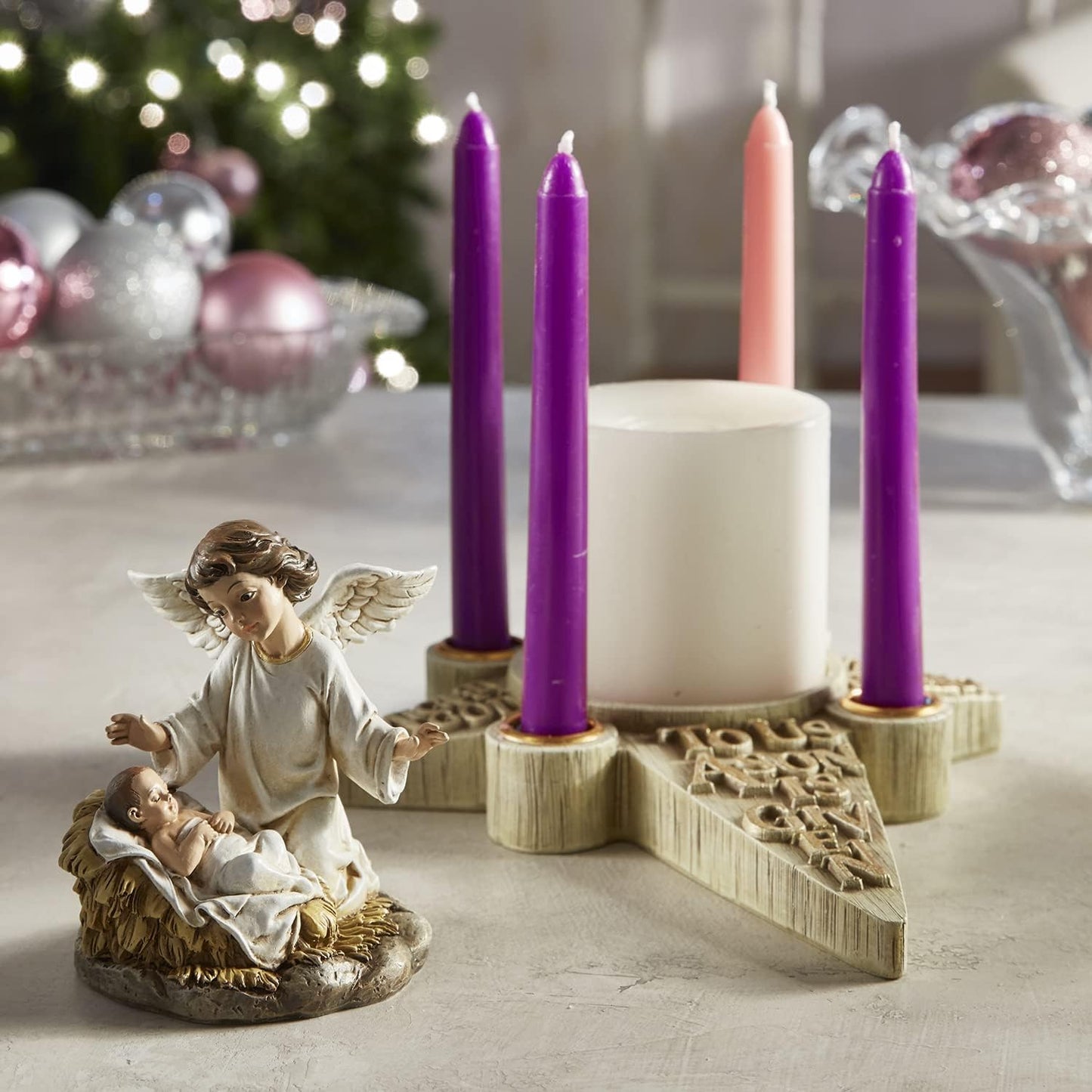 CBC Group  - Sculpted Resin Advent and Christmas Candle Holder, 2-Piece, Angel Nativity Wreath