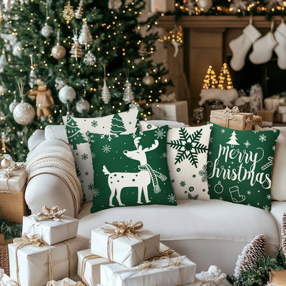Christmas Throw Pillow Covers 18''X18'' Set of 4 Decorative Holiday Pillows Cover Cases Farmhouse Decor for Xmas Decoration Home Couch Sofa, Green