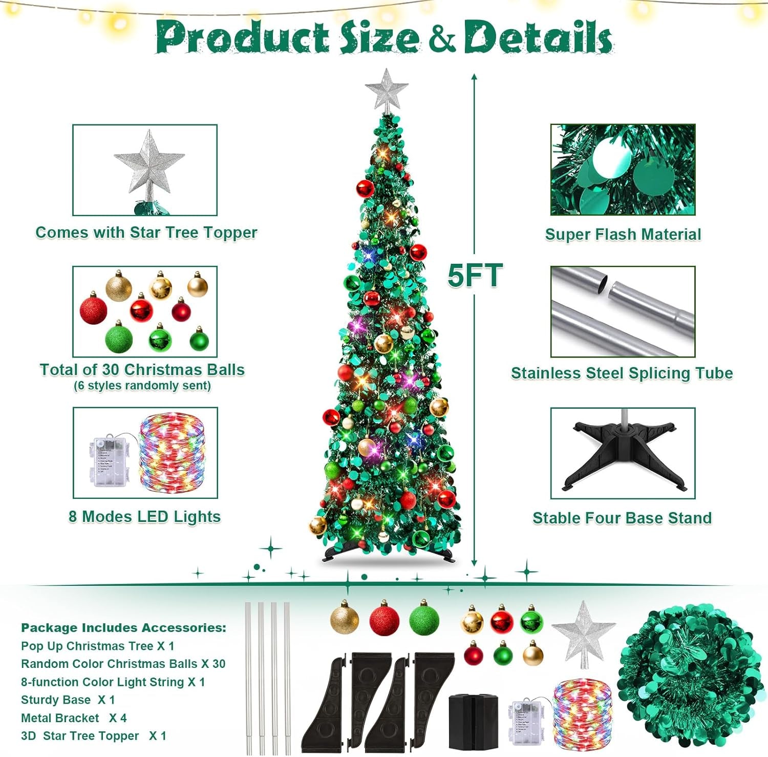 Pop up Christmas Tree with Lights, Collapsible Tinsel Xmas Tree Decorations, Pencil Christmas Tree Skinny Tree for Holiday Xmas Home Office Decor, 30 Balls, 5Ft, Peacock Blue