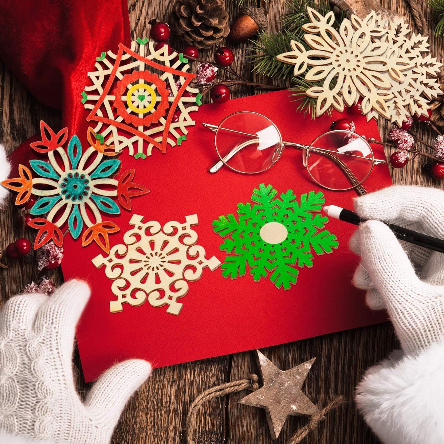 50 Pcs Christmas Unfinished Wooden Snowflake Ornaments 3.94 Inch Snowflake Hanging Cutouts Blank Wood Slices with Cord for Christmas Tree Decor DIY Craft Embellishments