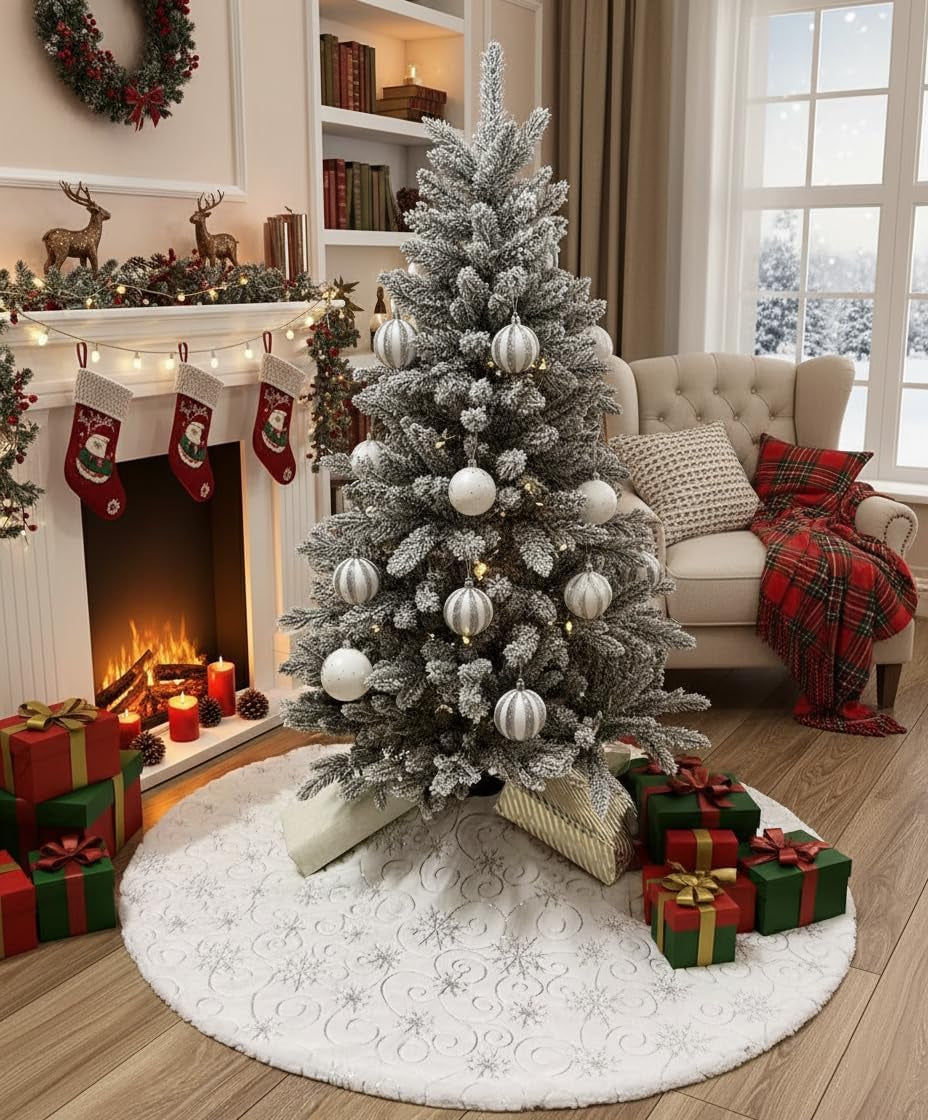 48 Inch Sequin Faux Fur Christmas Tree Skirt for Christmas Tree Decorations White Plush Silver Sequin Snowflake Tree Skirt