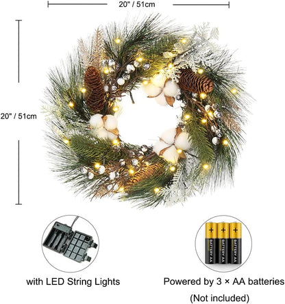 Christmas Wreath 20" Christmas Front Door Wreath Ornament with LED Lights Pinecone Berries Artificial Pine Garland for Party Table Fireplaces Porch Walls New Years Halloween Home Décor