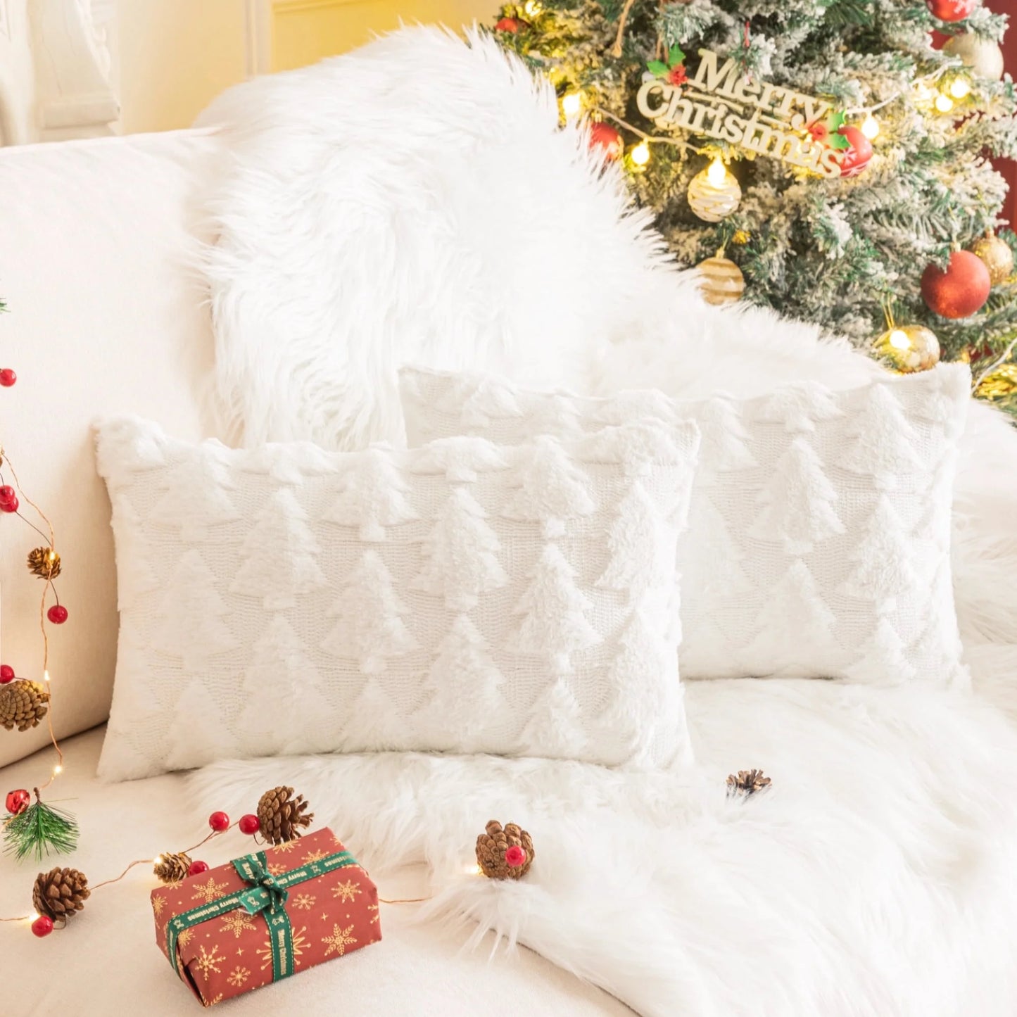 Set of 2 Christmas Tree Throw Pillow Covers, Soft Faux Fur Decorative Xmas Throw Pillows for Couch Sofa Holiday Winter Decor