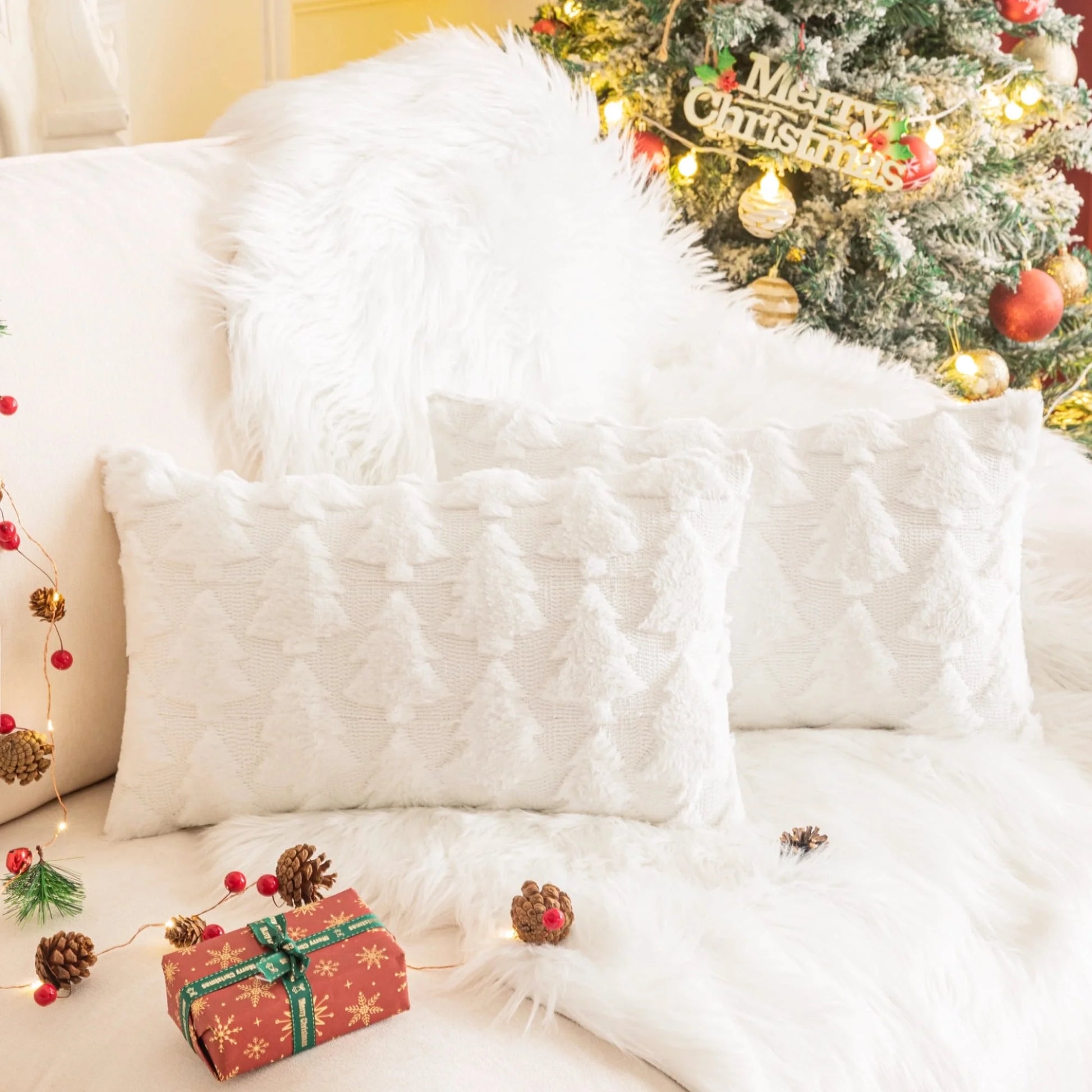 Set of 2 Christmas Tree Throw Pillow Covers, Soft Faux Fur Decorative Xmas Throw Pillows for Couch Sofa Holiday Winter Decor