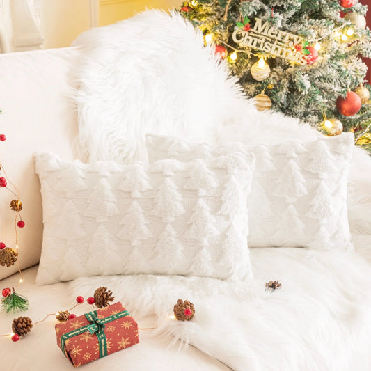 Set of 2 Christmas Tree Throw Pillow Covers, Soft Faux Fur Decorative Xmas Throw Pillows for Couch Sofa Holiday Winter Decor