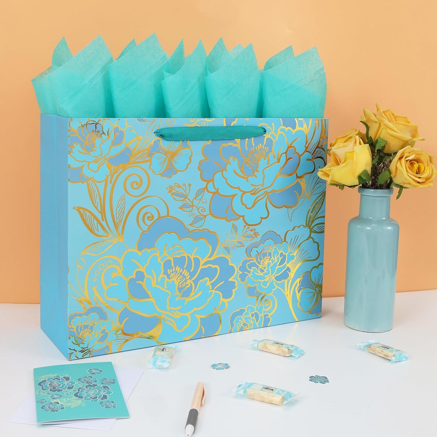 16.5” Extra Large Rose Green Gift Bag Set with Handles, Greeting Card, Tissue Pa