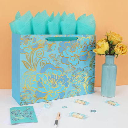 16.5” Extra Large Rose Green Gift Bag Set with Handles, Greeting Card, Tissue Pa