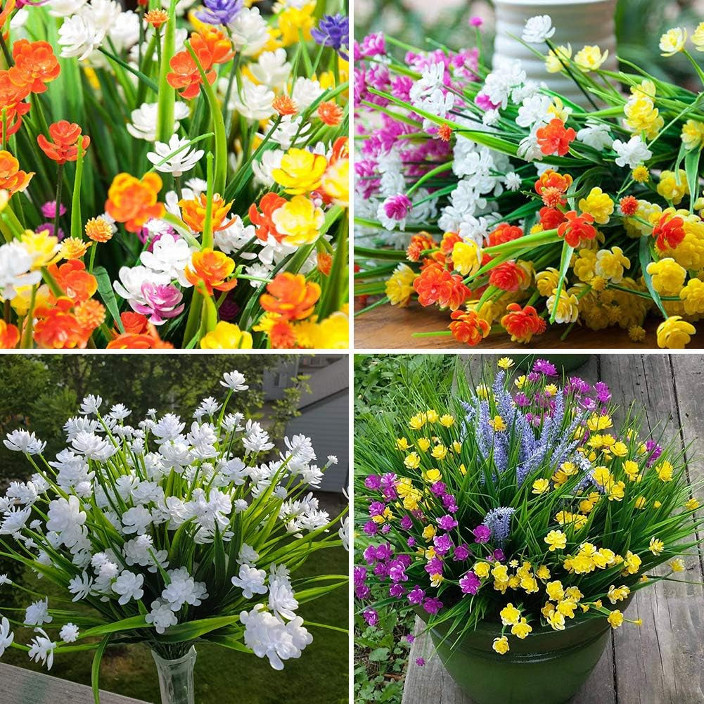 20 Bundles Outdoor Artificial Fake Flowers UV Resistant Shrubs Plants, Faux Plastic Greenery for Indoor outside Hanging Plants Garden Porch Window Box Home Wedding Farmhouse Decor (White)