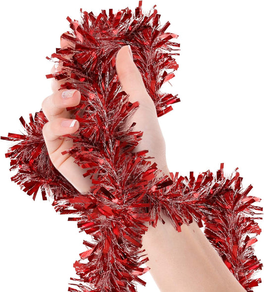 Christmas Tree Red Tinsel Garland Wide Cut Metallic Streamers Celebrate a Holiday Happy New Year Party Ceiling Hanging Decorations Indoor and Outdoor Disco Party Supplies