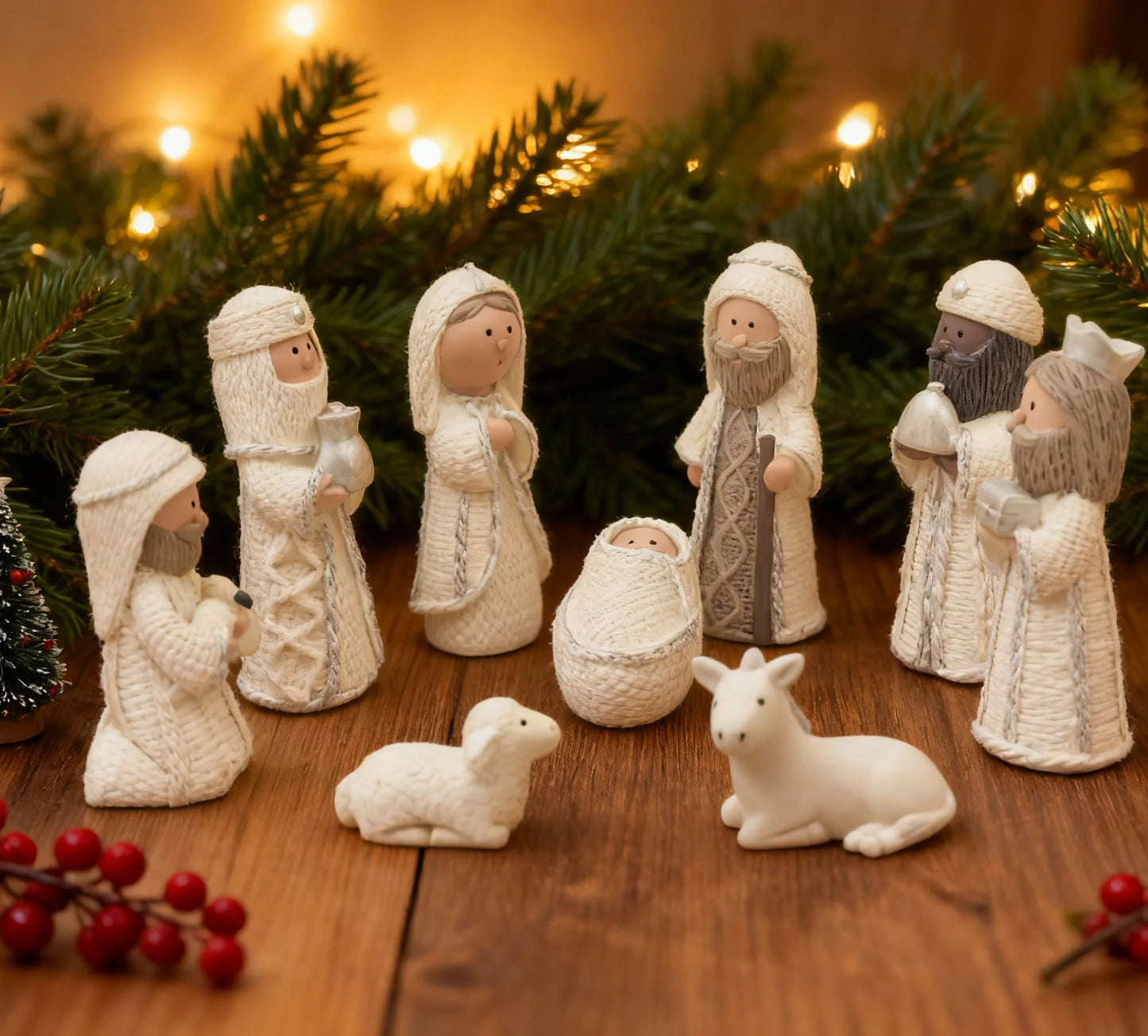 Nativity Knit Set Indoor - 9 Pcs Holy Family Figurines Baby Jesus with Manger, Religious Nativity Figurines Xmas Cable Nativity Scene for Tabletop Props Home Living Room Decor
