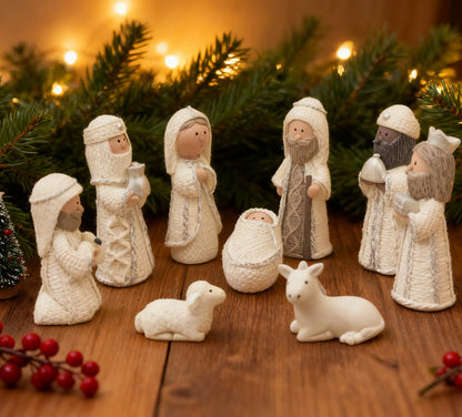Nativity Knit Set Indoor - 9 Pcs Holy Family Figurines Baby Jesus with Manger, Religious Nativity Figurines Xmas Cable Nativity Scene for Tabletop Props Home Living Room Decor