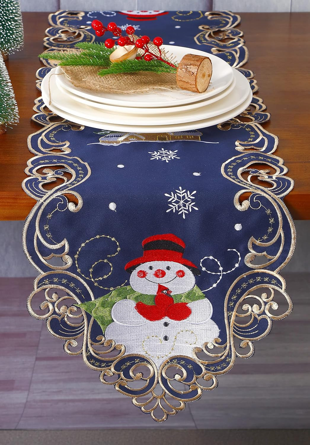 Christmas Holiday Table Runner 13X54 Inches Embroidered Snowman and Snowflakes Pattern Festive Winter Dresser Scarf Table Topper for Family Xmas Home Kitchen Dinner Party Table Decoration