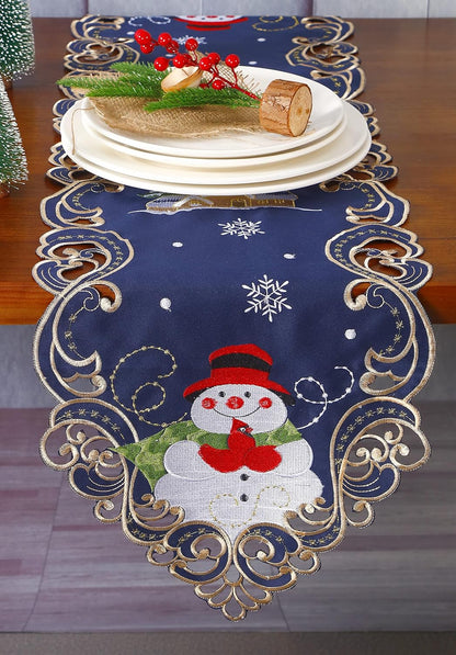 Christmas Holiday Table Runner 13X54 Inches Embroidered Snowman and Snowflakes Pattern Festive Winter Dresser Scarf Table Topper for Family Xmas Home Kitchen Dinner Party Table Decoration