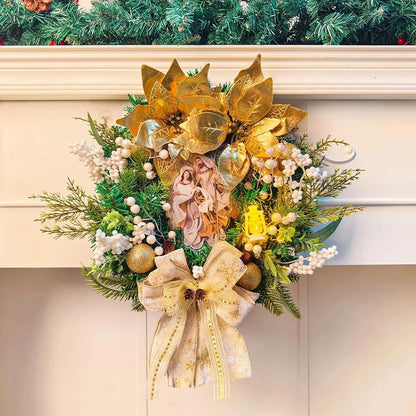 Christmas Wreath with Golden Poinsettia & Lights, 16-Inch Front Door Holiday Decor Wreath with Bow & Ornaments