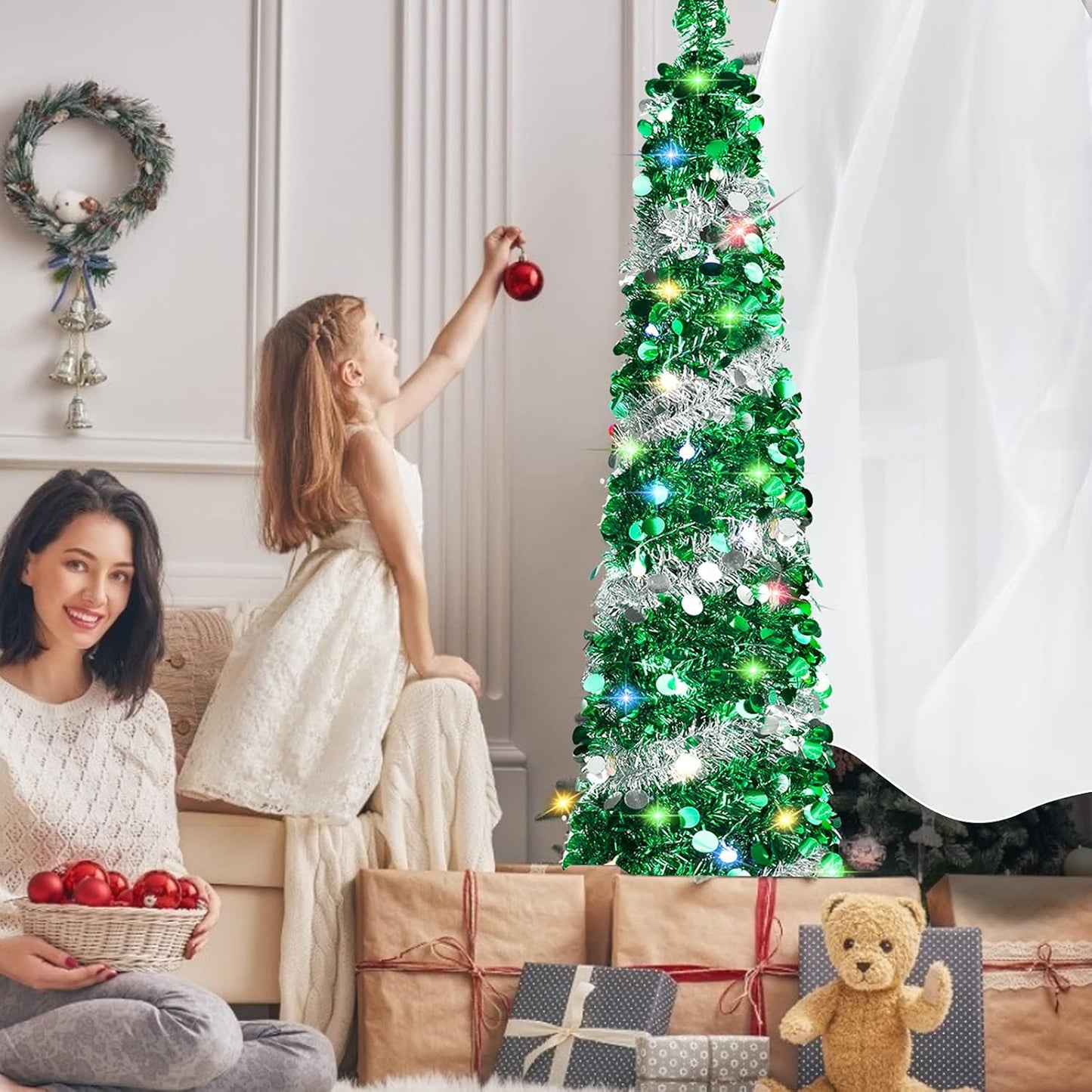 5 FT Christmas Trees with 90 Colorful Lights, Collapsible Artificial Sequin Pop up Christmas Tree, Tall Skinny Pencil Tinsel Christmas Trees Xmas Tree for Home Apartment Basement Fireplace