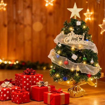 18" Pre-Lit Mini Christmas Tree with LED Lights & Ornaments – Battery Operated Tabletop Artificial Christmas Tree for Indoor Holiday Decor, Home & Office