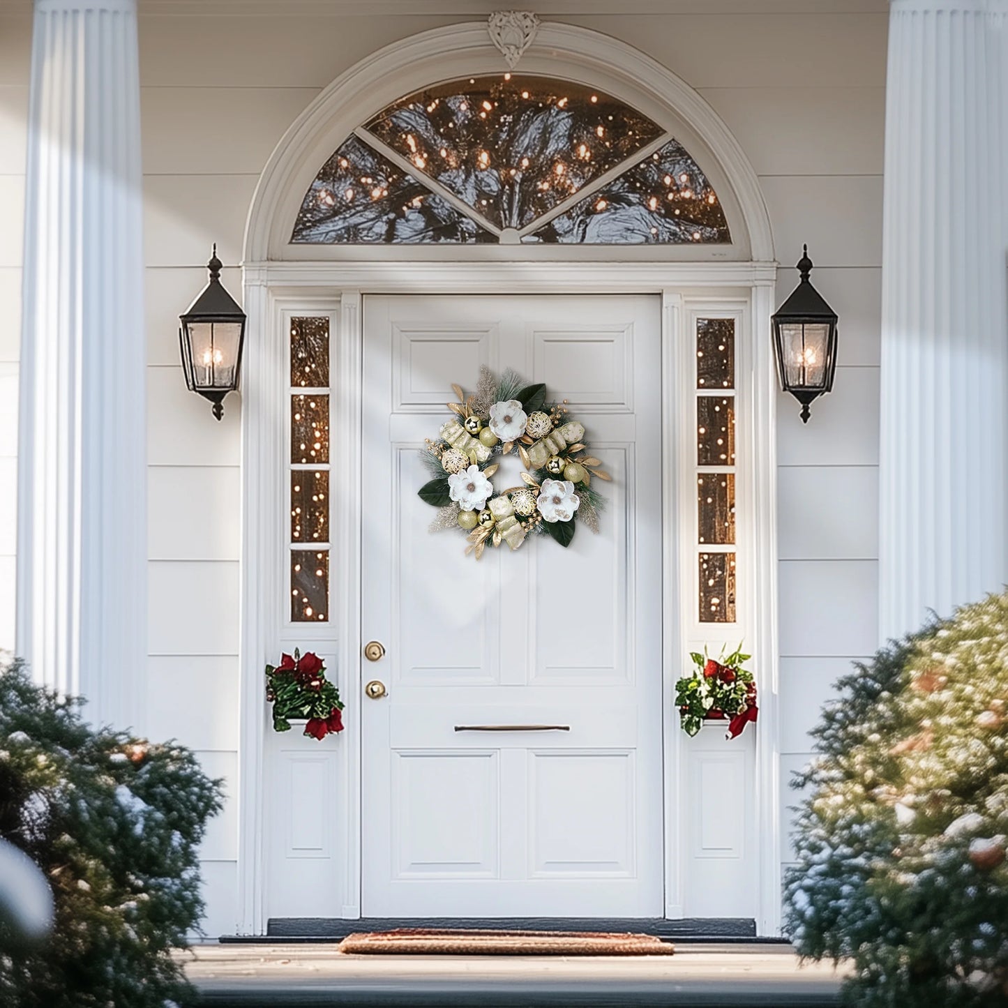 24 Inches Pre-Lit Christmas Wreath White Gold Lighted Wreath with Bow & Flower & Ornaments Perfect Xmas Holiday Gift for Front Door Mantel Table Top Decoration