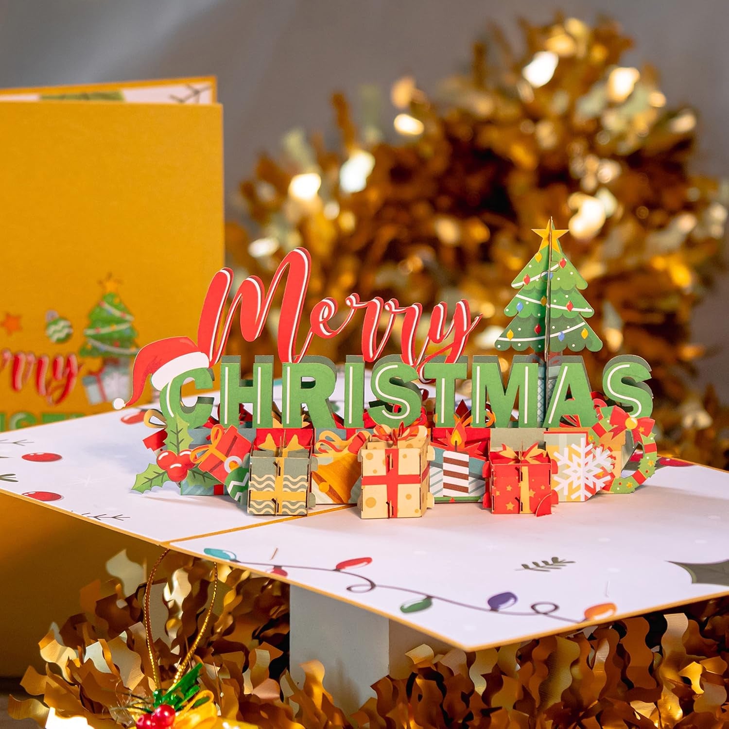 Pop up Christmas Card, 3D Merry Christmas, for Christmas or Holidays, 5" X 7" Cover - Includes Envelope and Removable Note Tag