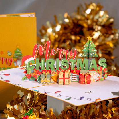 Pop up Christmas Card, 3D Merry Christmas, for Christmas or Holidays, 5" X 7" Cover - Includes Envelope and Removable Note Tag