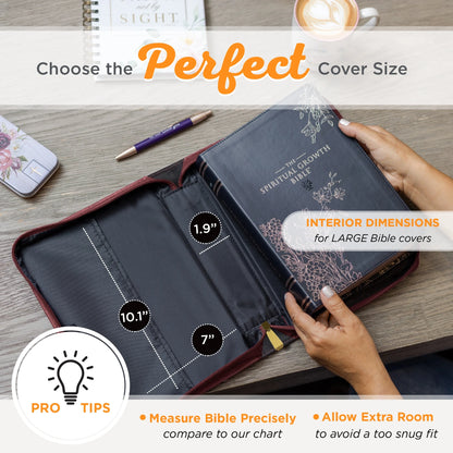 Protective Faux Leather Fashion Bible Cover Carry Case with Handle for Women: Strong and Courageous - Joshua 1:9 Inspirational Bible Verse - Merlot Floral Rose Bouquet, Large