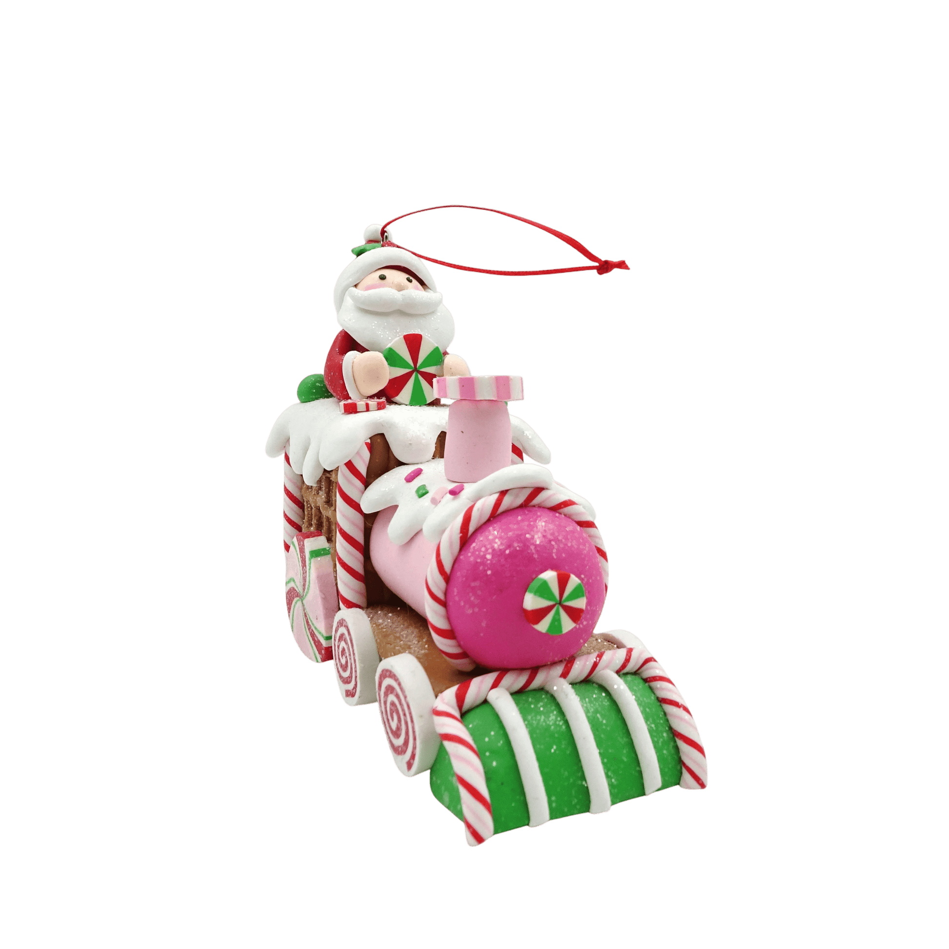 Multicolor Clay Dough Gingerbread Santa on Train Christmas Ornament, 5.1", by