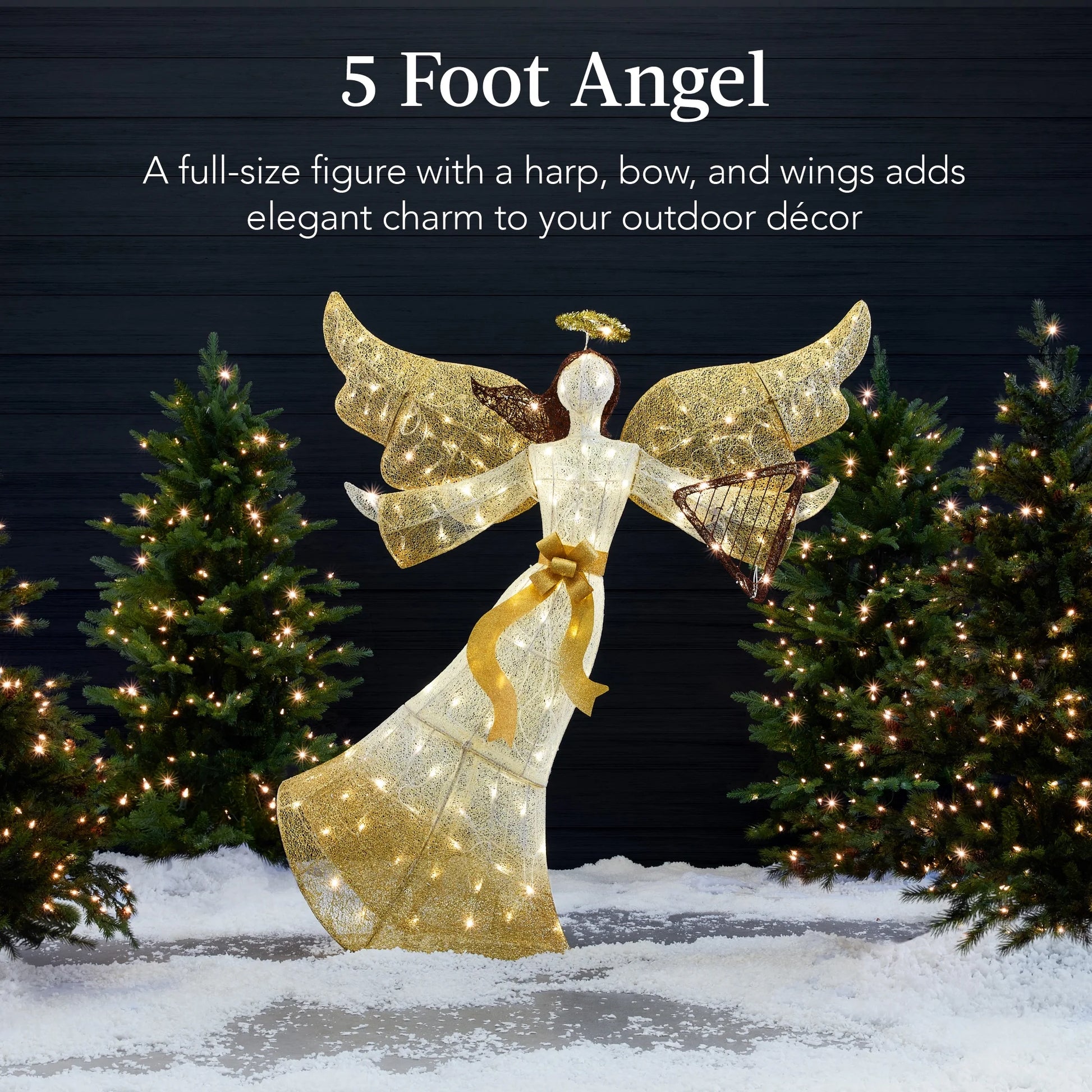 5Ft Lighted Outdoor Angel Christmas Decoration for Lawn W/ 140 LED Lights, Harp, Bow, Ground Stakes
