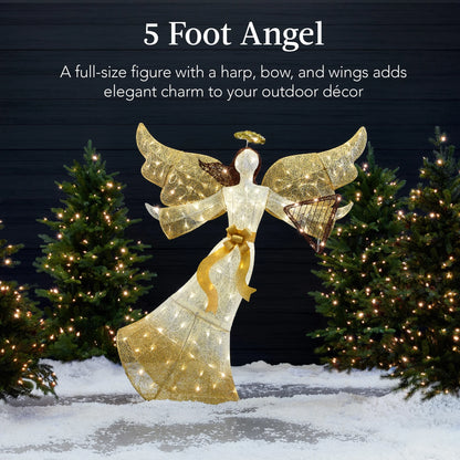 5Ft Lighted Outdoor Angel Christmas Decoration for Lawn W/ 140 LED Lights, Harp, Bow, Ground Stakes