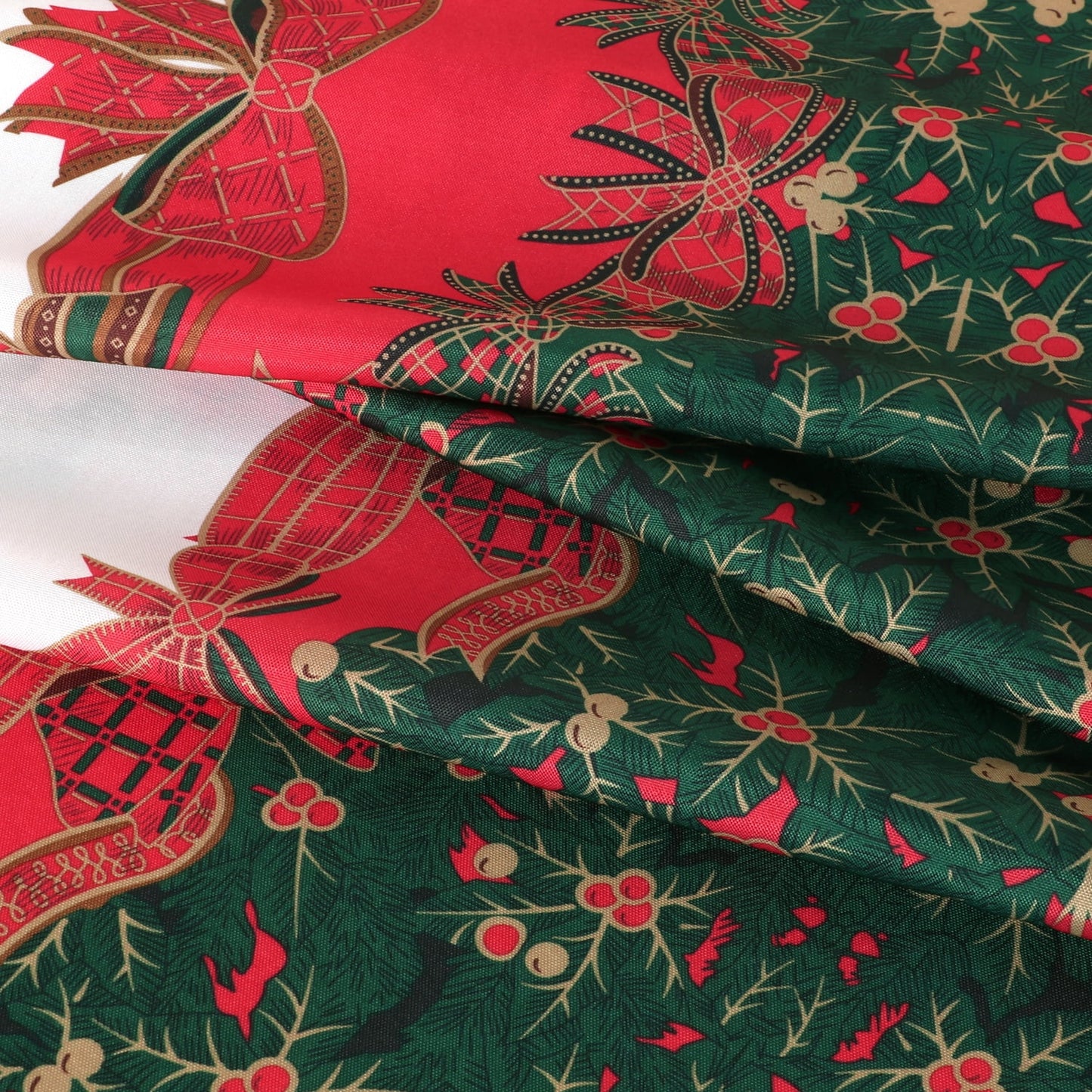 Christmas Tablecloth round 60 Inch - Holly Ribbon Pattern Washable Wrinkle Resistant Holiday Tablecloths for Christmas Family Gathering, Dining Room Table Decoration 130GSM