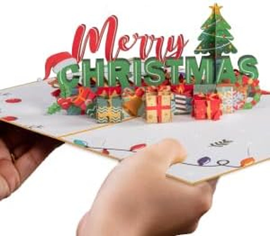Pop up Christmas Card, 3D Merry Christmas, for Christmas or Holidays, 5" X 7" Cover - Includes Envelope and Removable Note Tag
