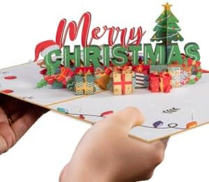 Pop up Christmas Card, 3D Merry Christmas, for Christmas or Holidays, 5" X 7" Cover - Includes Envelope and Removable Note Tag