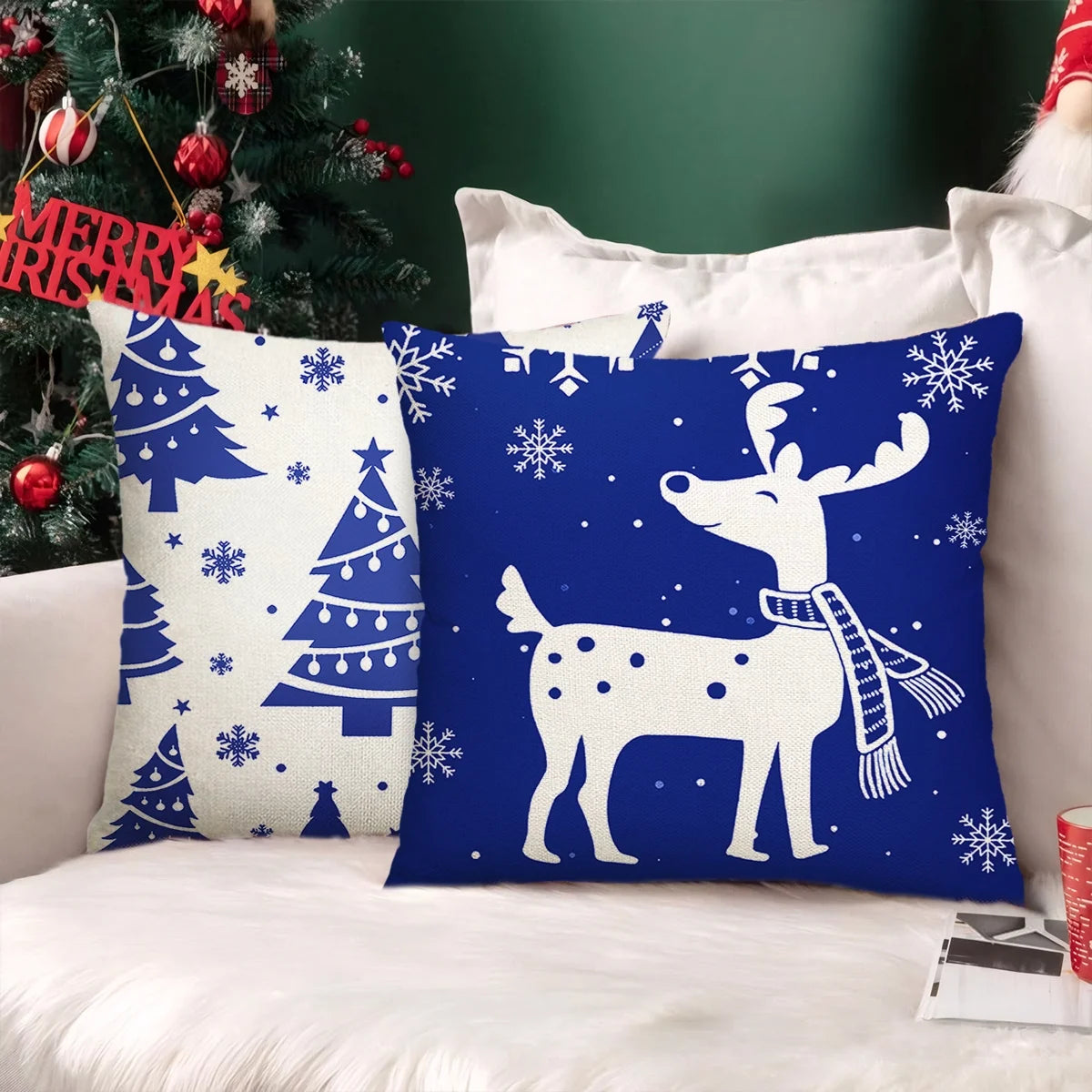 Christmas Throw Pillow Covers 18''X18'' Set of 4 Decorative Holiday Pillows Cover Cases Farmhouse Decor for Xmas Decoration Home Couch Sofa, Blue