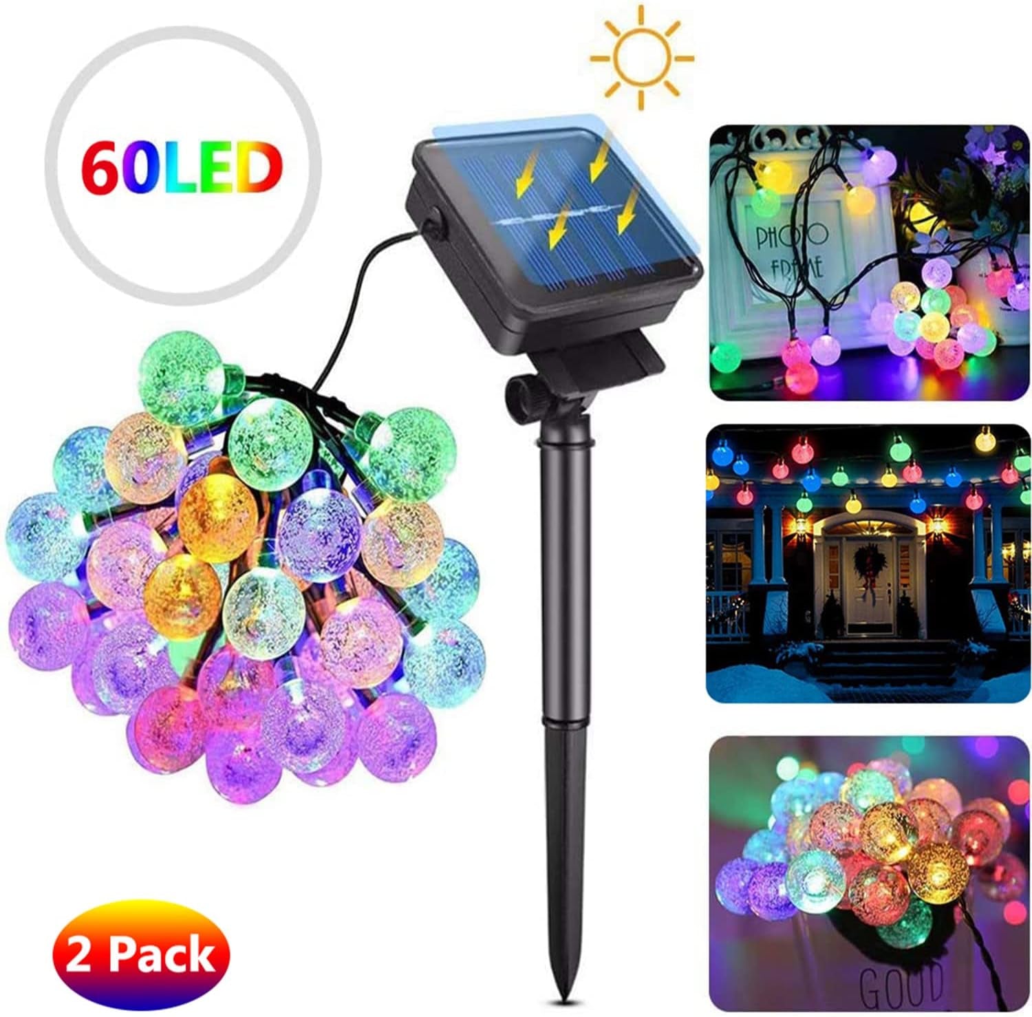 2 Pack Outdoor String Lights Solar Powered, Total 72 FT 120 LED Hanging Solar String Lights Outdoor Garden Waterproof Each 60 Crystal Bubble Globes 8 Mode Multi Color Changing…