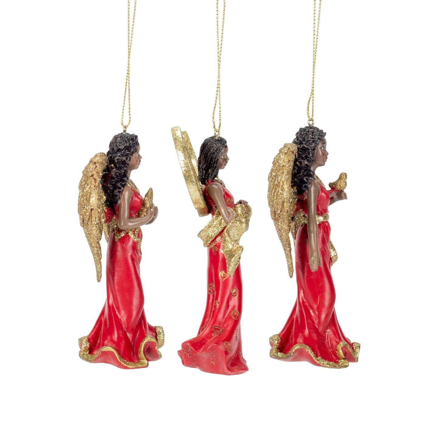 Kurt Adler 4.75" Resin Red & Gold African American Angel Ornament 3/Asstd