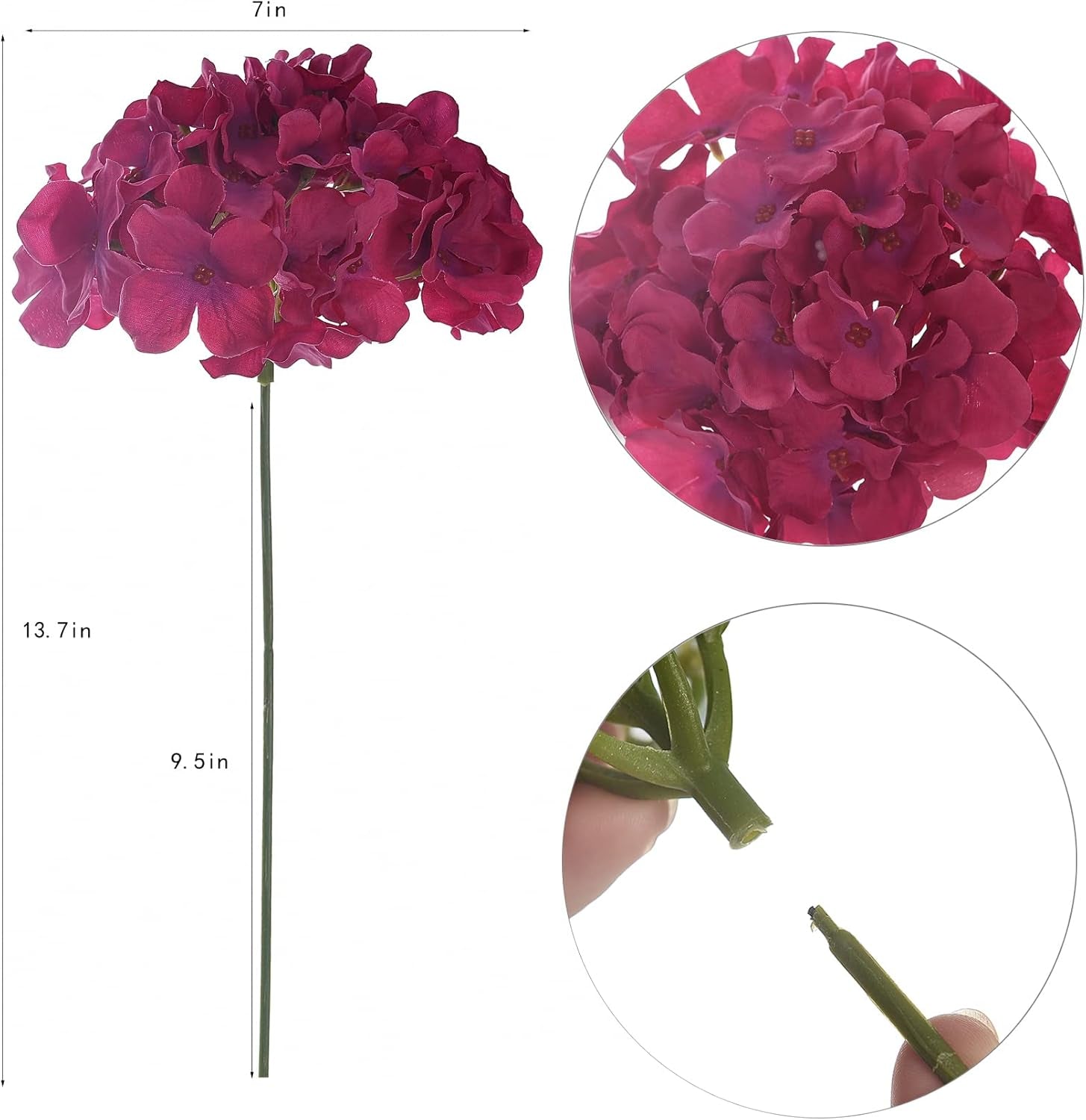 Silk Hydrangea Heads with Stems Artificial Flowers Heads for Home Wedding Decor,Pack of 10 (Fuschia)