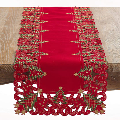 Pandoro Collection Holiday Embroidered Christmas Tree Cutwork Border 16 X 90 Inch Table Runner – Red Table Runner for Christmas Dinner, Family Gathering, Special Events and Home Décor