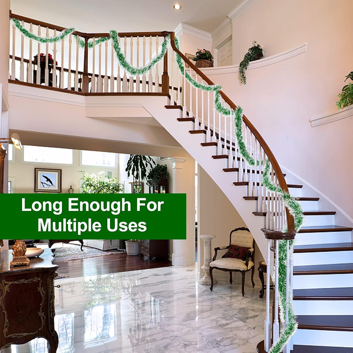 5 String Total 50 Ft Green Christmas Tinsel Garland Xmas Tree Decorations Christmas Metallic Twist Garland Hanging Decorations Indoor Outdoor Christmas Party Supplies, Each 10 Ft by 4 Inch