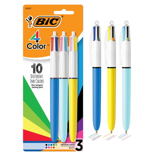 4-Color Retractable Ballpoint Pens, Medium Point 1.0 Mm, Assorted Ink, 3 Count